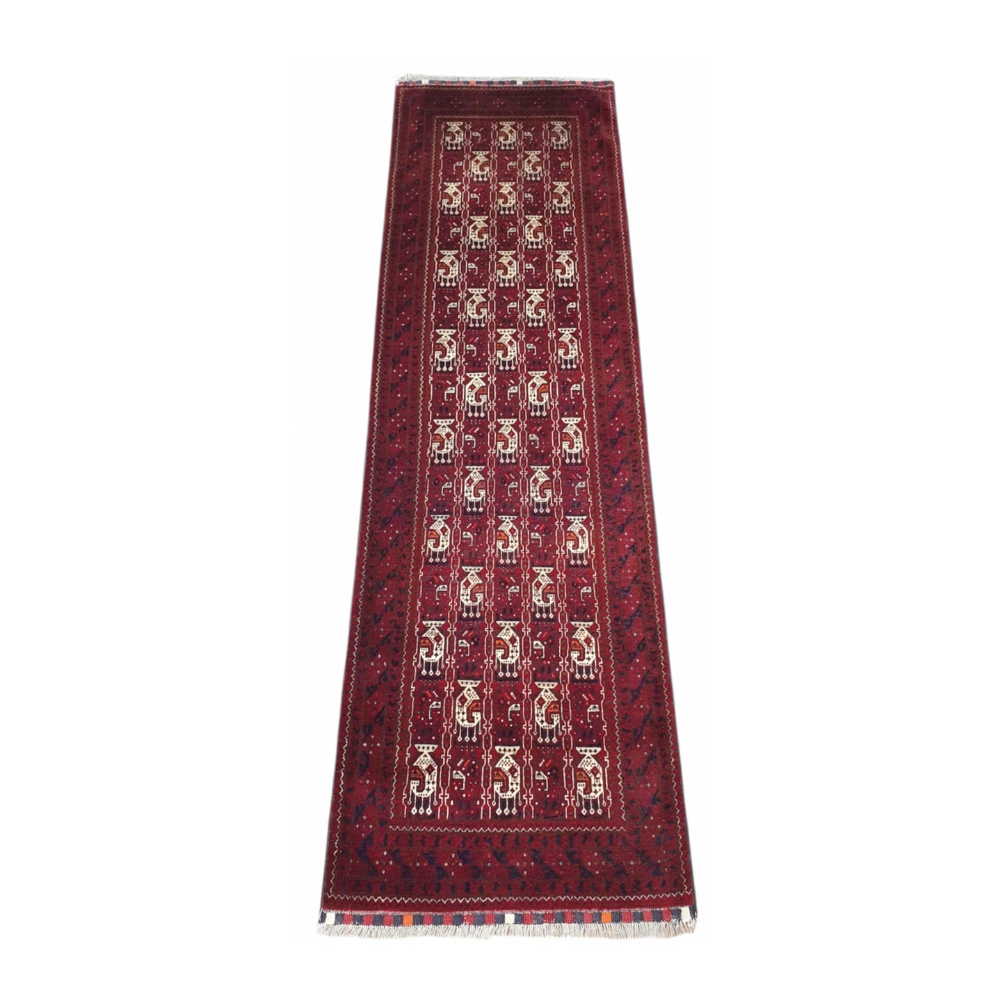 Angled view of Afghan Roshnai wool runner rug with repeating tribal motifs, 290 x 86 cm