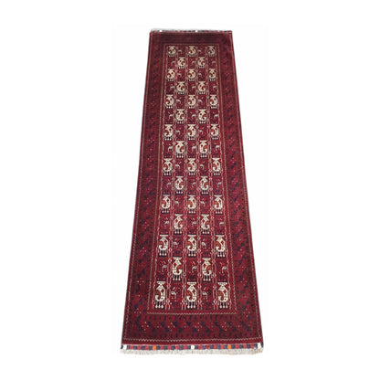 Angled view of Afghan Roshnai wool runner rug with repeating tribal motifs, 290 x 86 cm
