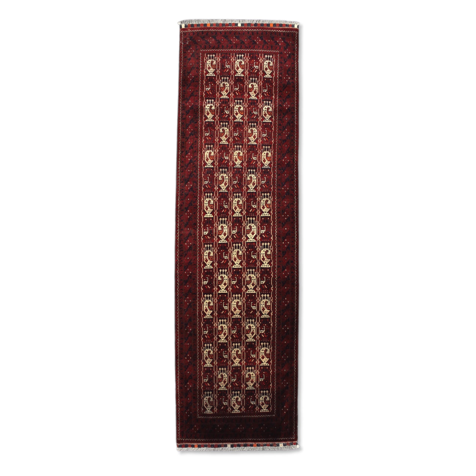 Full view of Afghan Roshnai wool runner rug with burgundy-red field and ivory motifs, 290 x 86 cm