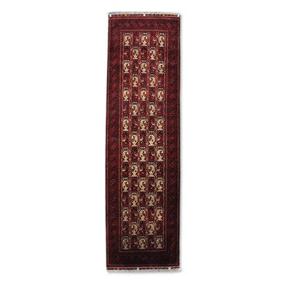 Full view of Afghan Roshnai wool runner rug with burgundy-red field and ivory motifs, 290 x 86 cm