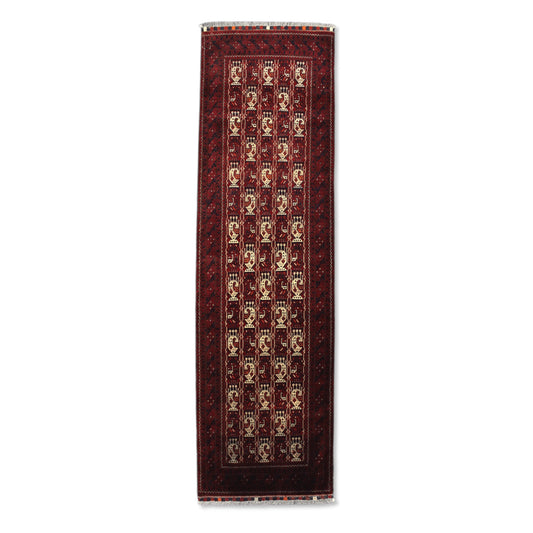 Full view of Afghan Roshnai wool runner rug with burgundy-red field and ivory motifs, 290 x 86 cm