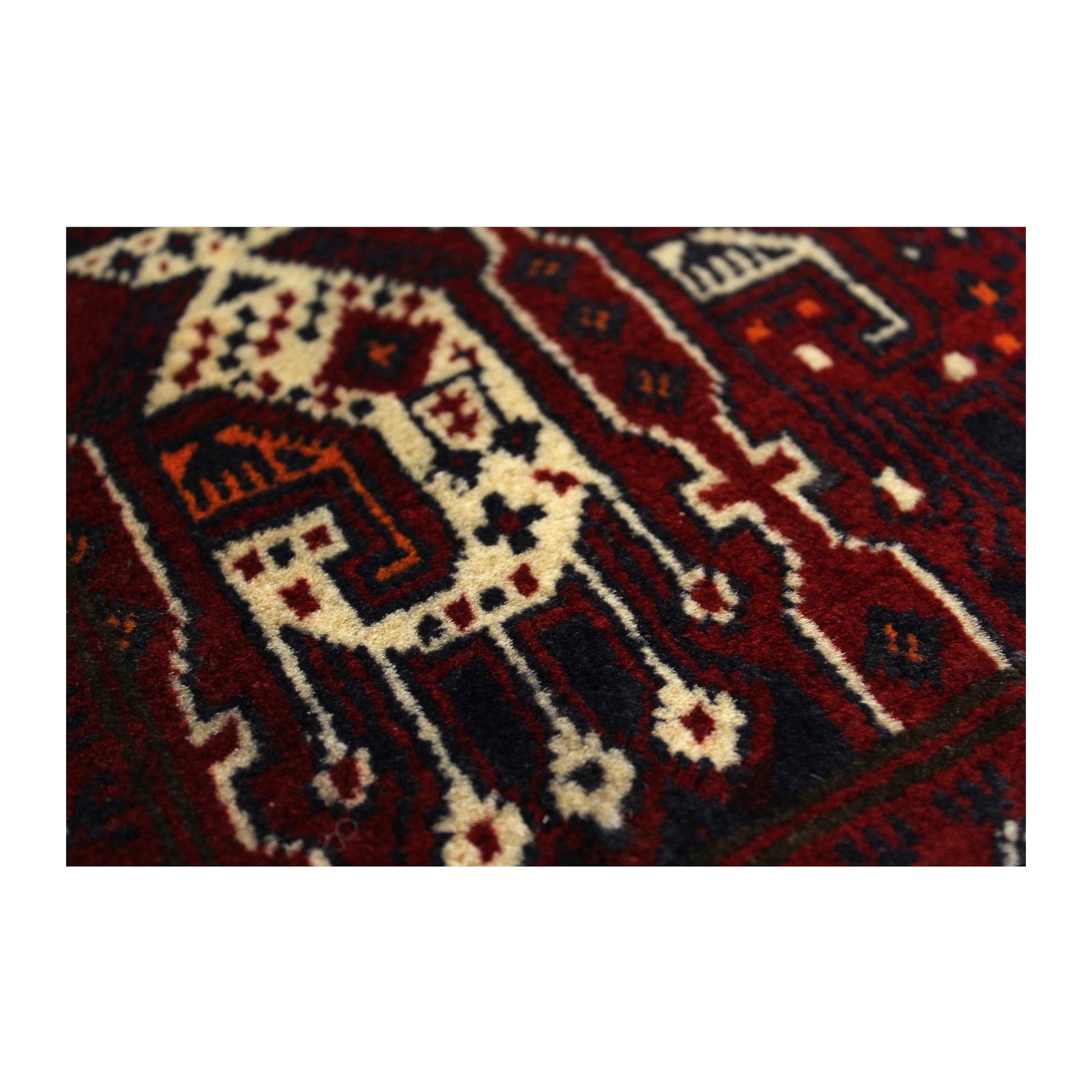 Tribal-motif detail of Afghan Roshnai wool runner rug with burgundy-red and ivory design, 290 x 86 cm