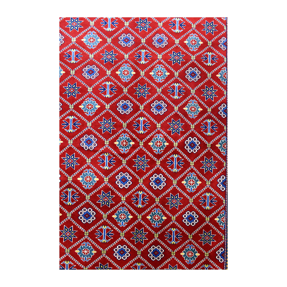 Field detail of Afghan Shirvan wool rug showing repeating diamond lattice with star and floral-geometric motifs