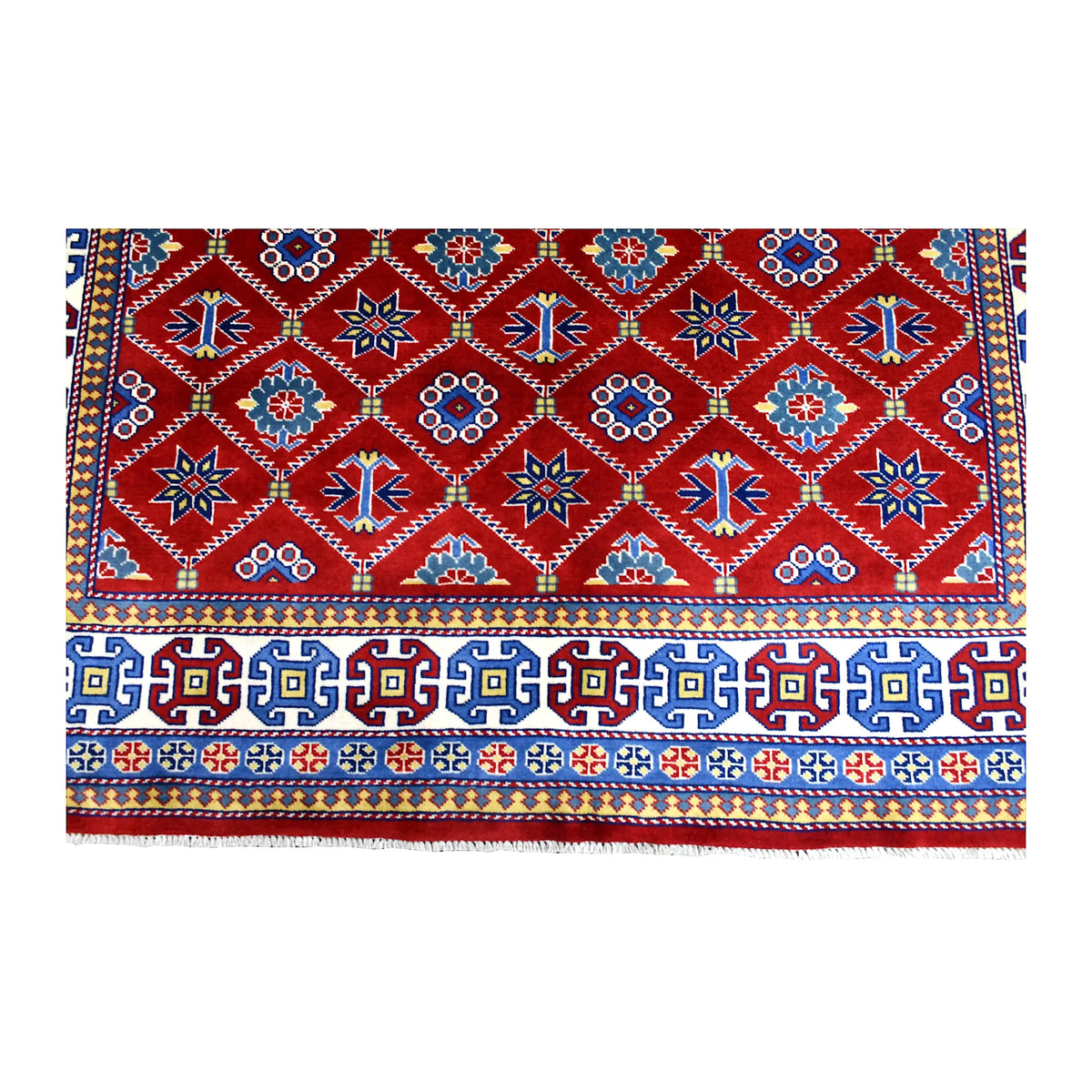 Fringe and end-border detail of Afghan Shirvan rug with blue, ivory and muted gold geometric bands below the red field