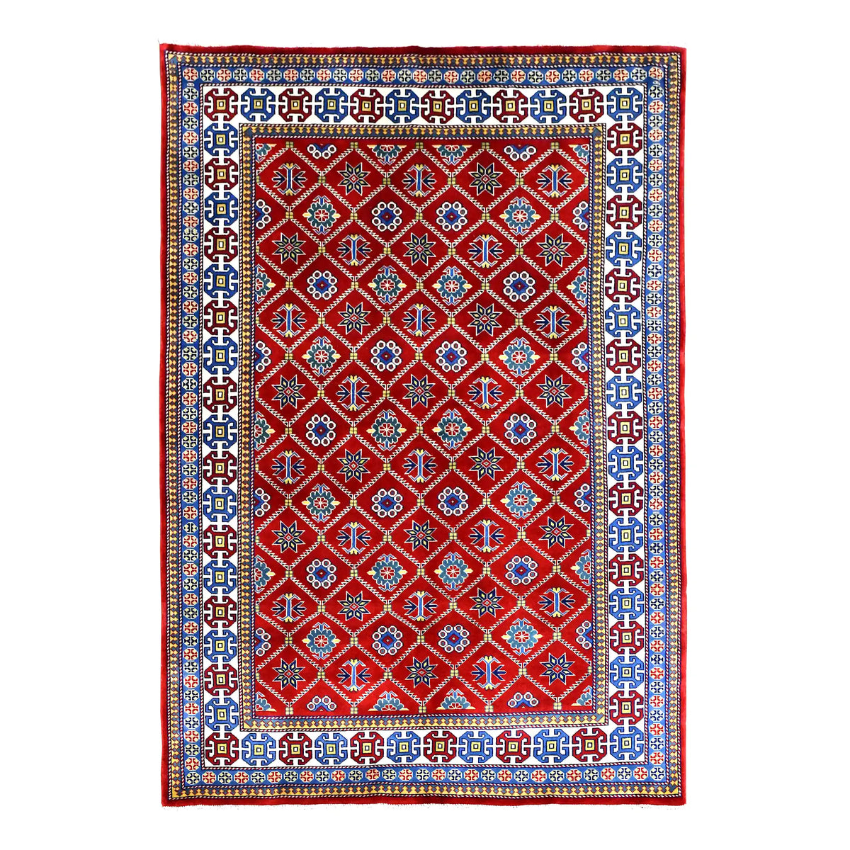 Full view of Afghan Shirvan hand-knotted wool rug with red diamond-lattice field and colourful patterned borders, 221 x 159 cm