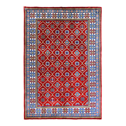 Full view of Afghan Shirvan hand-knotted wool rug with red diamond-lattice field and colourful patterned borders, 221 x 159 cm