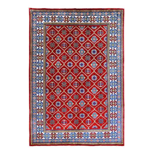 Full view of Afghan Shirvan hand-knotted wool rug with red diamond-lattice field and colourful patterned borders, 221 x 159 cm