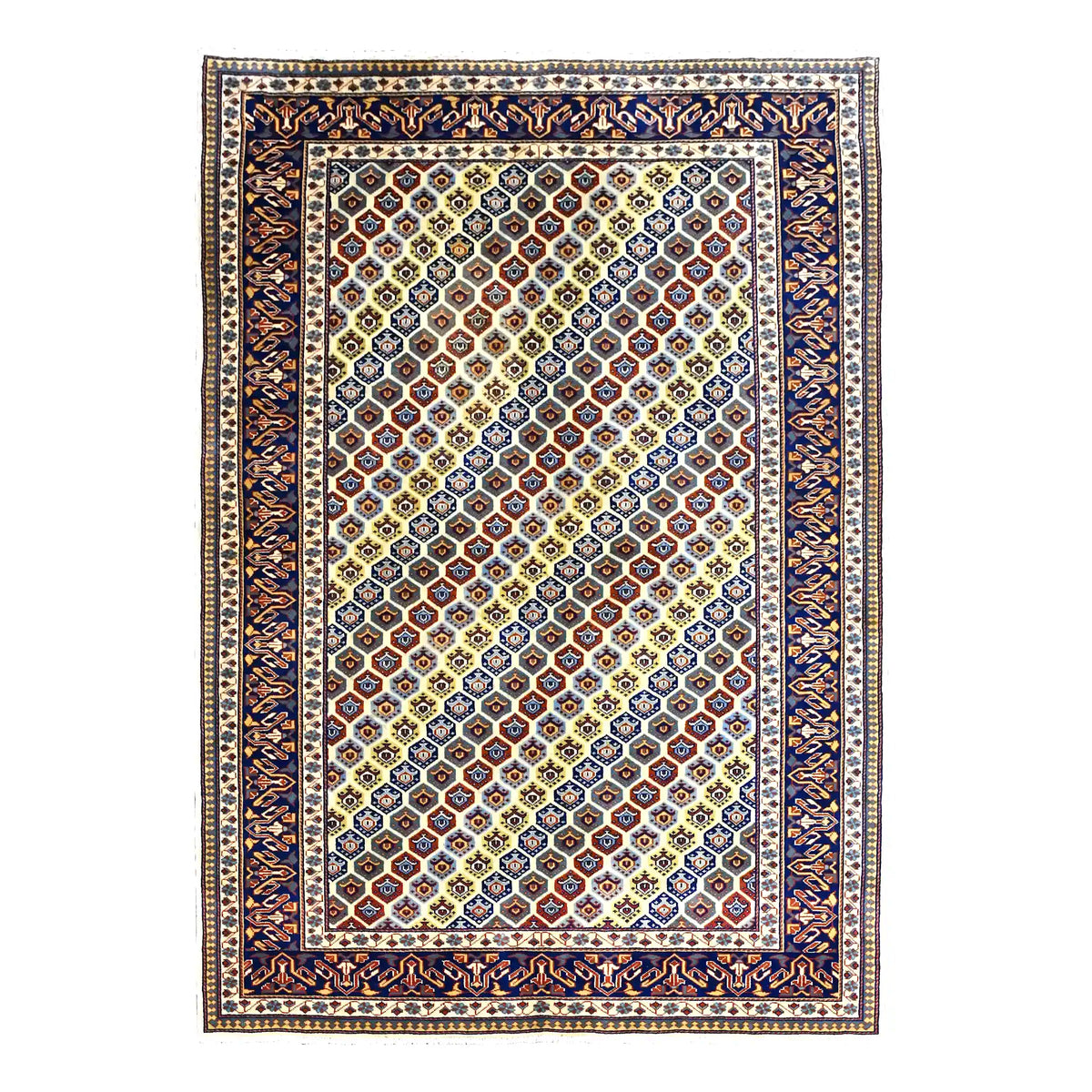 Full view of Afghan Shirvan hand-knotted wool rug with warm beige field, multicolour geometric lattice and deep navy border, 243 x 165 cm