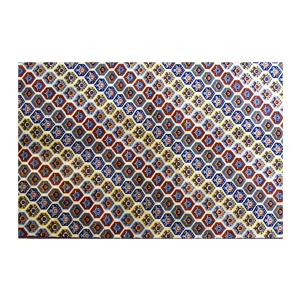Field detail of Afghan Shirvan wool rug showing repeating geometric lattice motifs in beige, navy, rust red, teal and gold