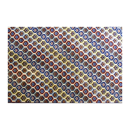Field detail of Afghan Shirvan wool rug showing repeating geometric lattice motifs in beige, navy, rust red, teal and gold