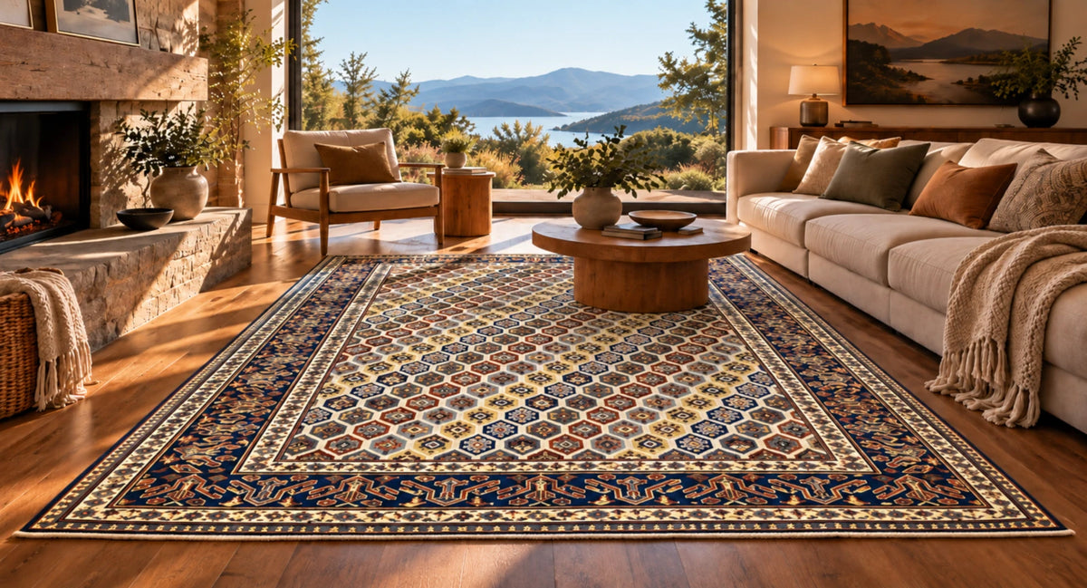 Afghan Shirvan 243 x 165 cm hand-knotted wool rug in a warm New Zealand living room