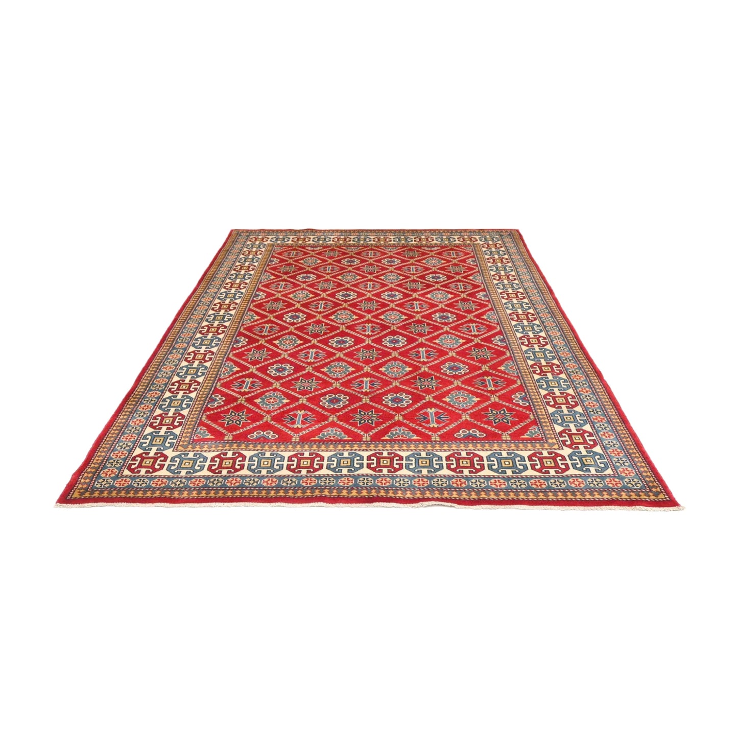 Angled view of Afghan Shirvan wool rug with red field and geometric motifs, 221 x 159 cm