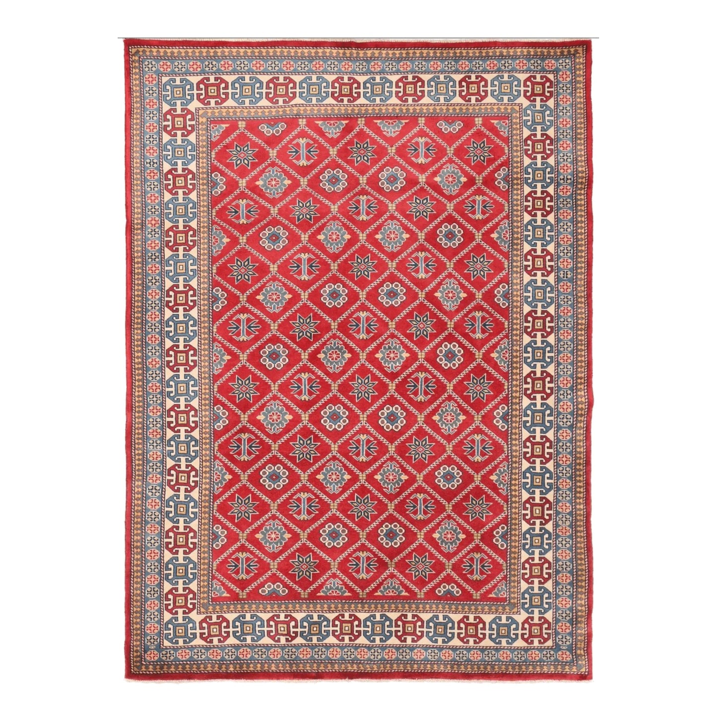 Full view of Afghan Shirvan wool rug with red diamond lattice and patterned border, 221 x 159 cm