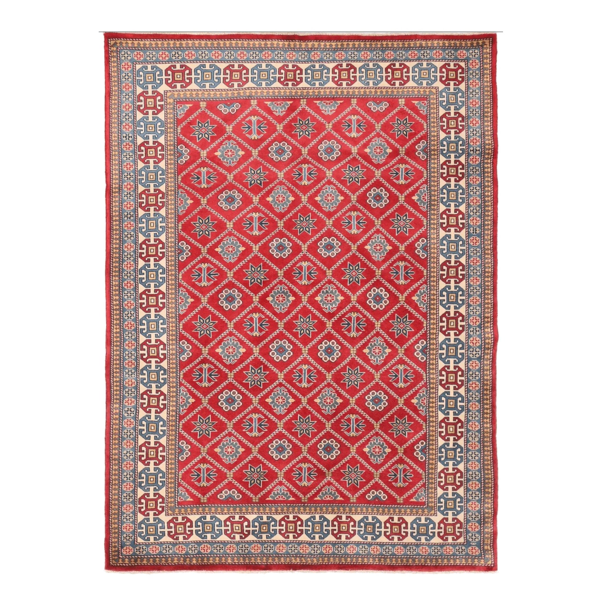Full view of Afghan Shirvan wool rug with red diamond lattice and patterned border, 221 x 159 cm