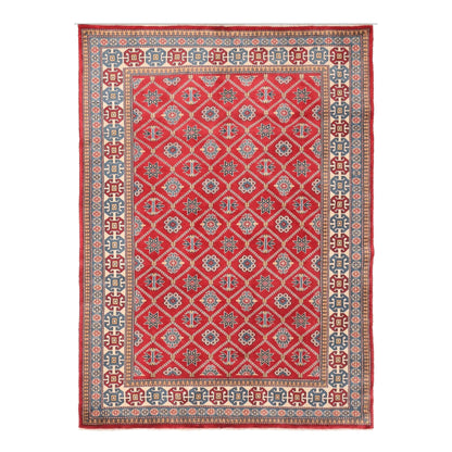 Full view of Afghan Shirvan wool rug with red diamond lattice and patterned border, 221 x 159 cm