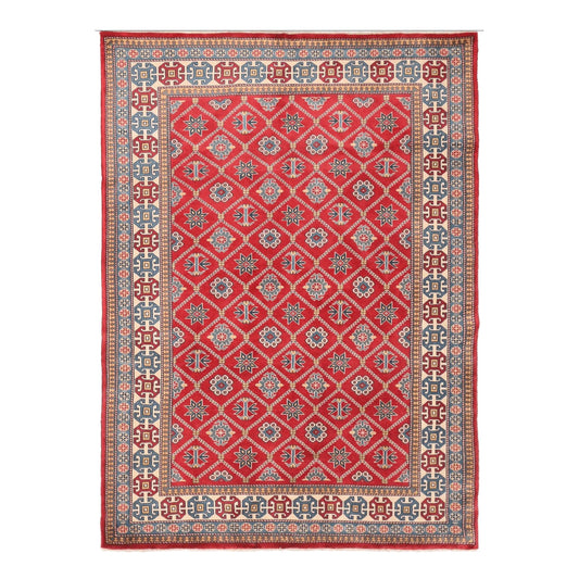Full view of Afghan Shirvan wool rug with red diamond lattice and patterned border, 221 x 159 cm