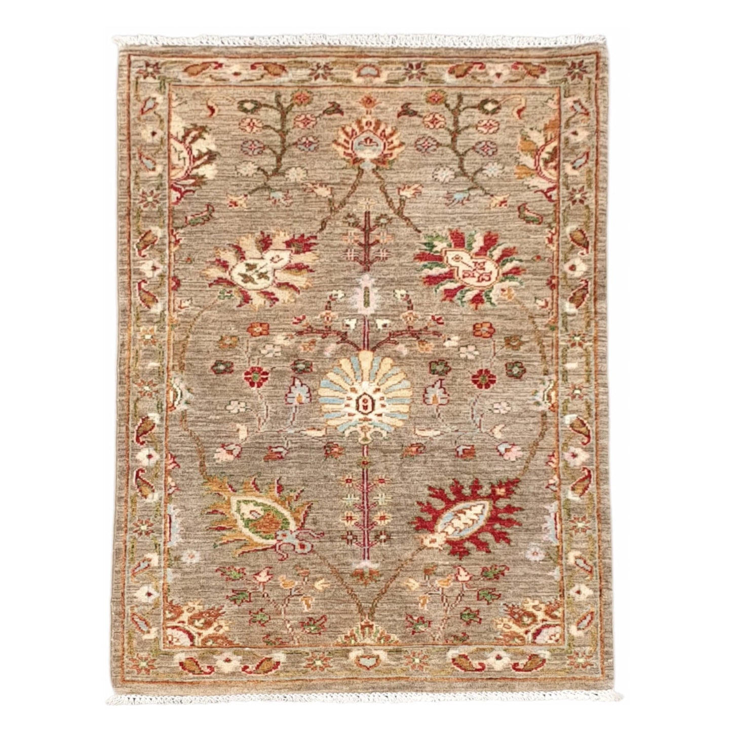 Afghan Sultani hand-knotted wool rug 126 x 77 cm full view with bronze field and multicolour floral motifs