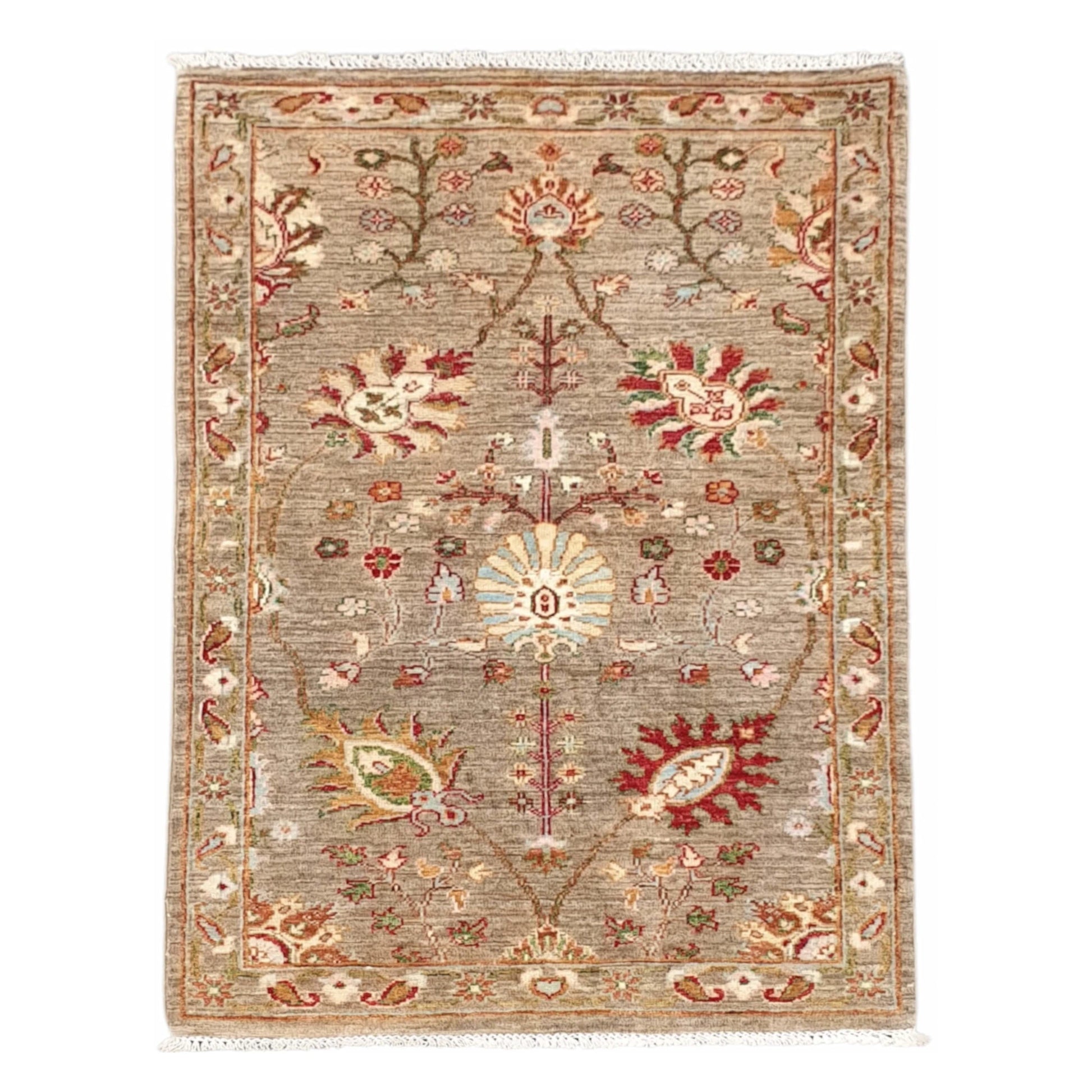Afghan Sultani hand-knotted wool rug 126 x 77 cm full view with bronze field and multicolour floral motifs
