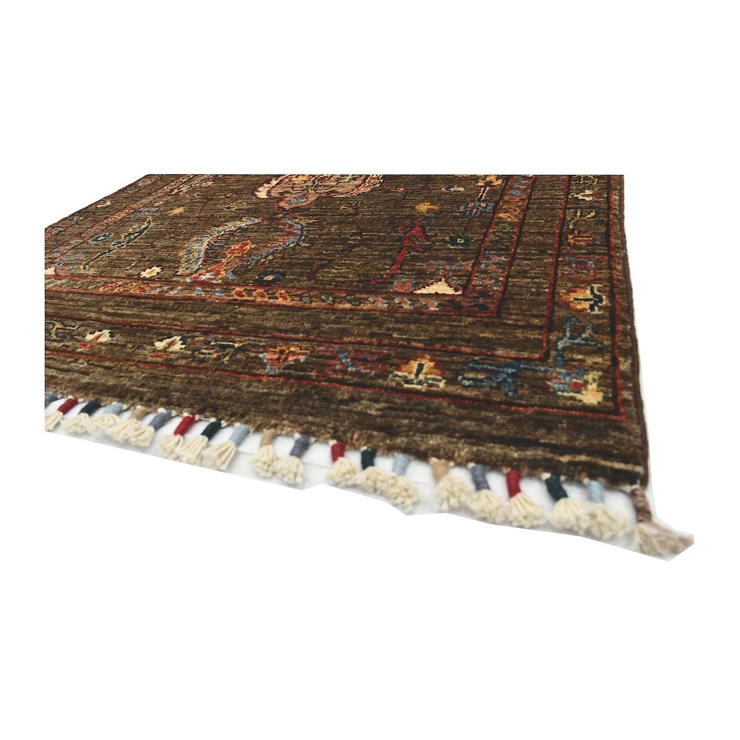 Angled corner and fringe view of Afghan Sultani wool rug showing bronze-brown field, patterned border and light fringe