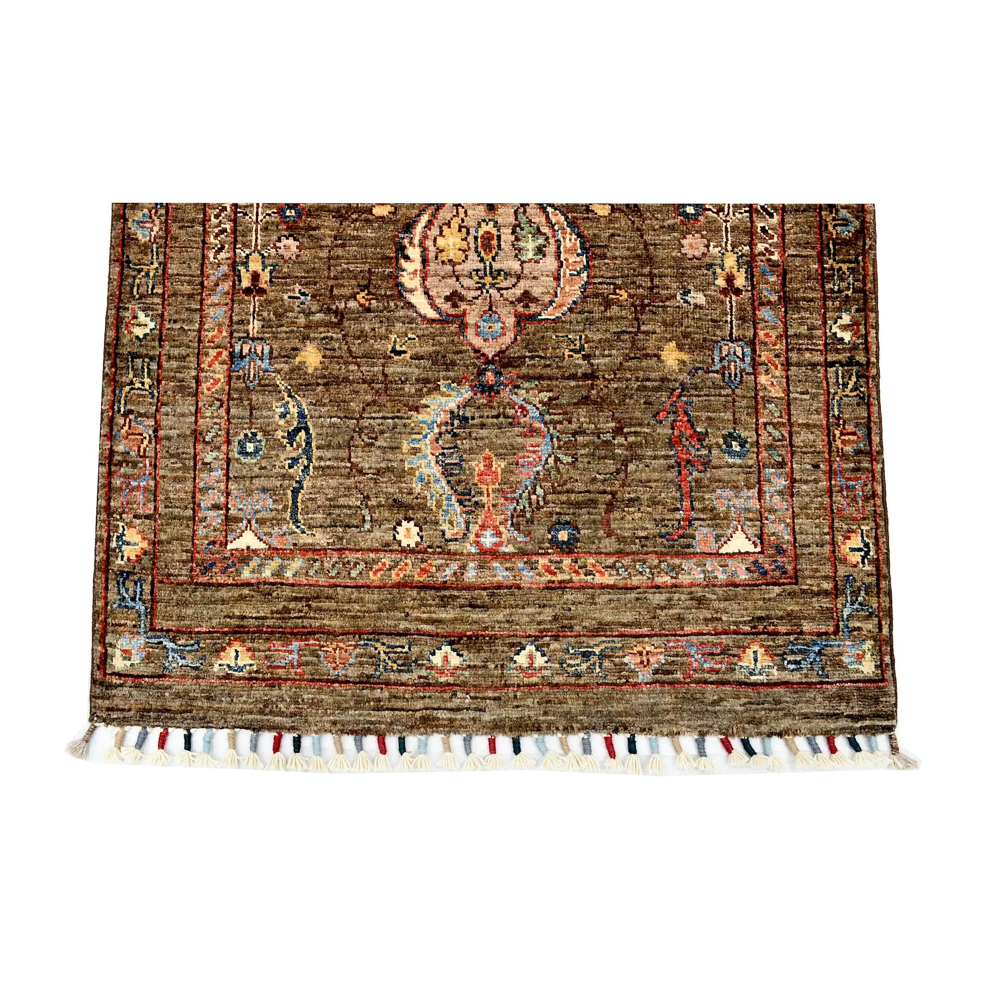End border and fringe detail of Afghan Sultani hand-knotted rug showing floral motifs, layered border and multicolour fringe