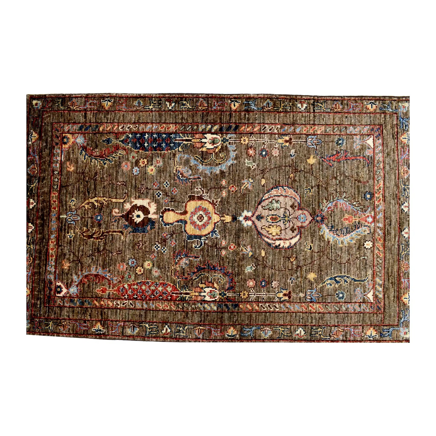 Full field design detail of Afghan Sultani hand-knotted wool rug showing floral-geometric layout and layered borders