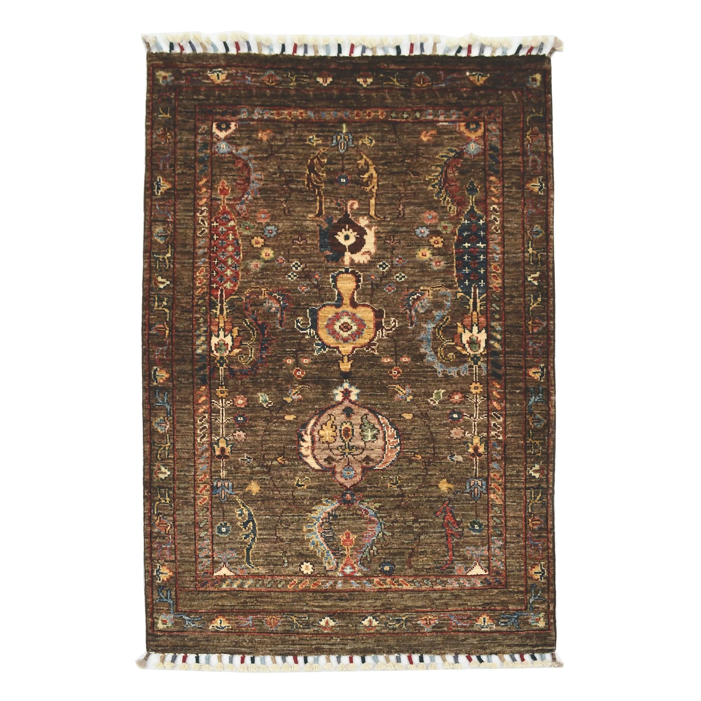 Full view of Afghan Sultani hand-knotted wool rug with bronze-brown field, floral-geometric motifs and layered borders, 130 x 80 cm