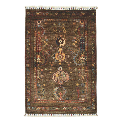 Full view of Afghan Sultani hand-knotted wool rug with bronze-brown field, floral-geometric motifs and layered borders, 130 x 80 cm