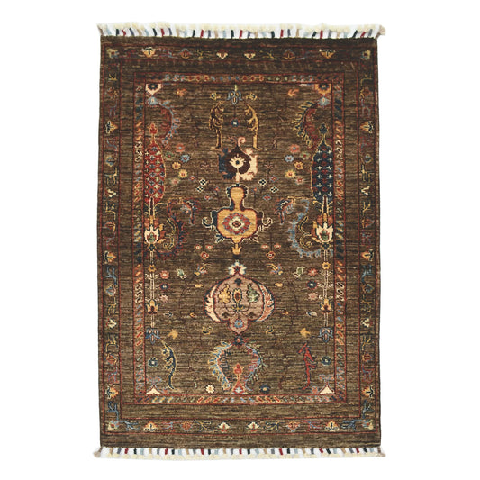 Full view of Afghan Sultani hand-knotted wool rug with bronze-brown field, floral-geometric motifs and layered borders, 130 x 80 cm