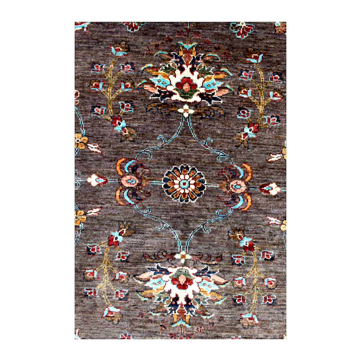Central detail of Afghan Sultani rug showing linked floral rosettes, palmettes and slender turquoise vines