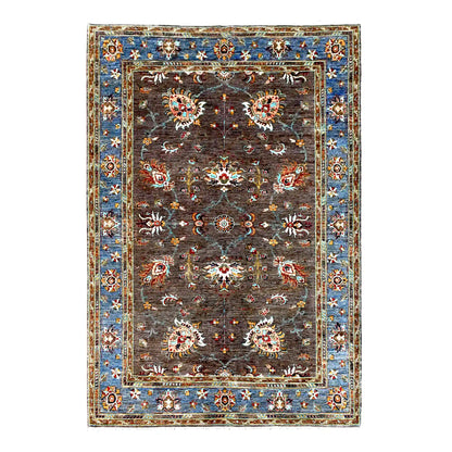 Full view of Afghan Sultani hand-knotted wool rug with a dark brown floral field and broad blue border, 241 x 170 cm