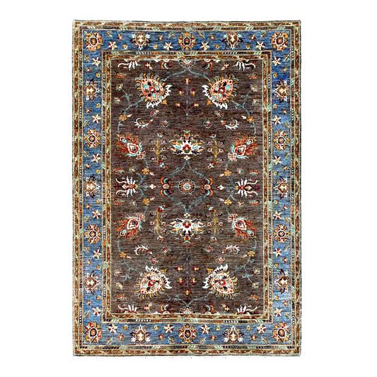 Full view of Afghan Sultani hand-knotted wool rug with a dark brown floral field and broad blue border, 241 x 170 cm