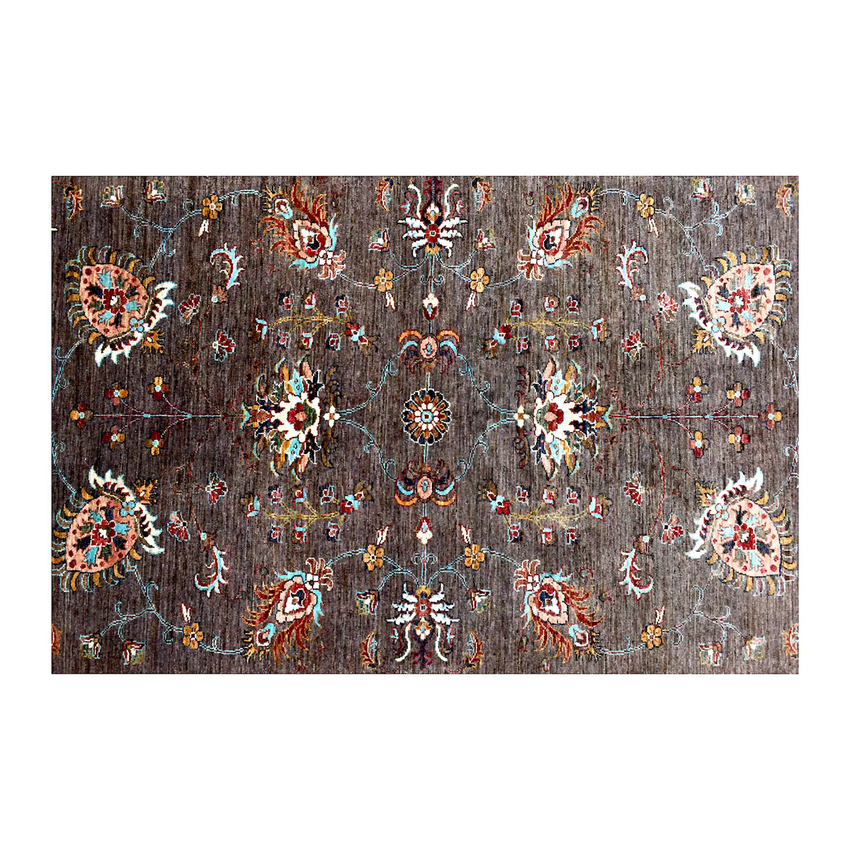 Field detail of Afghan Sultani wool rug showing symmetrical floral rosettes and turquoise vinework across the dark brown pile