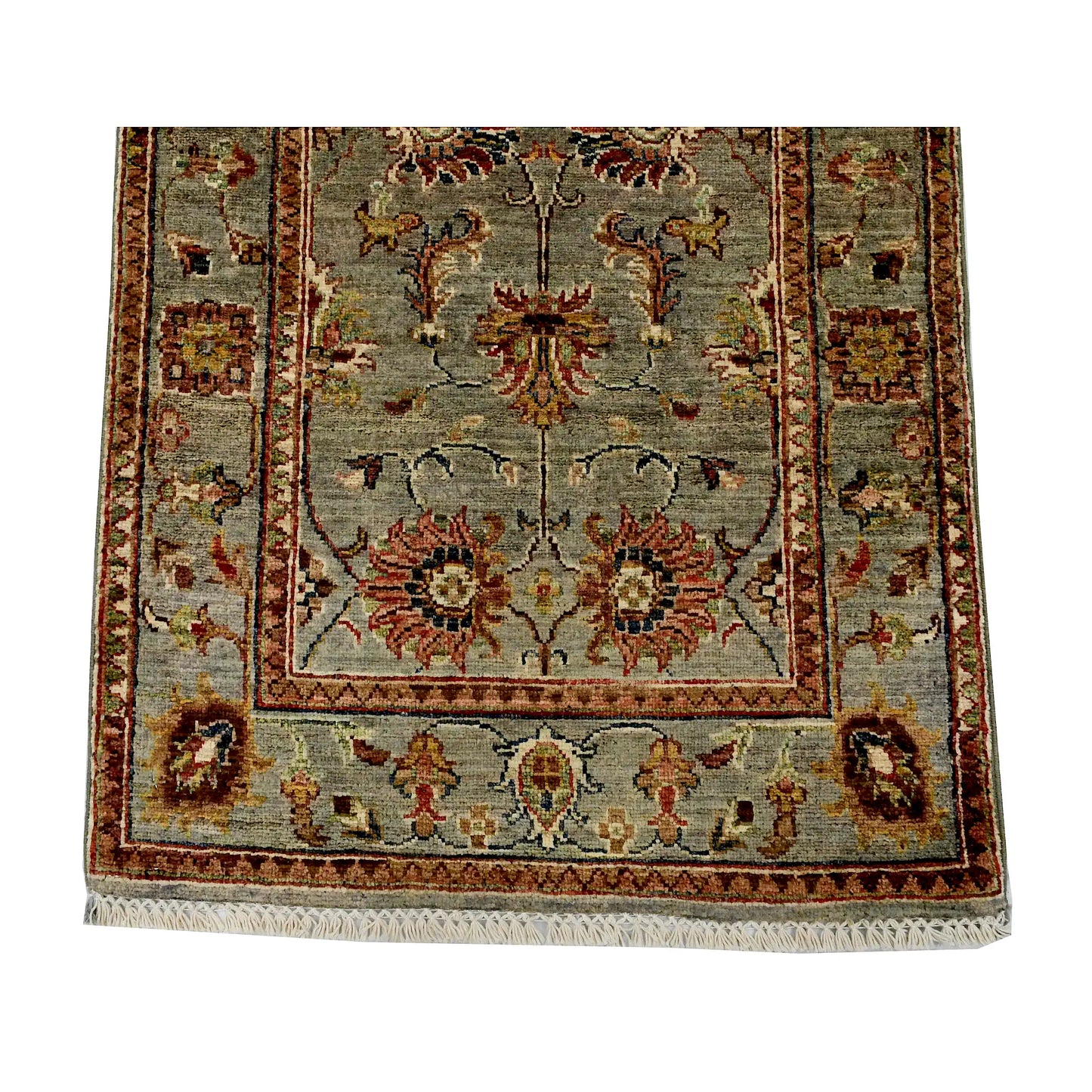 End field and border detail of Afghan Sultani hand-knotted wool runner rug showing floral motifs and framed border