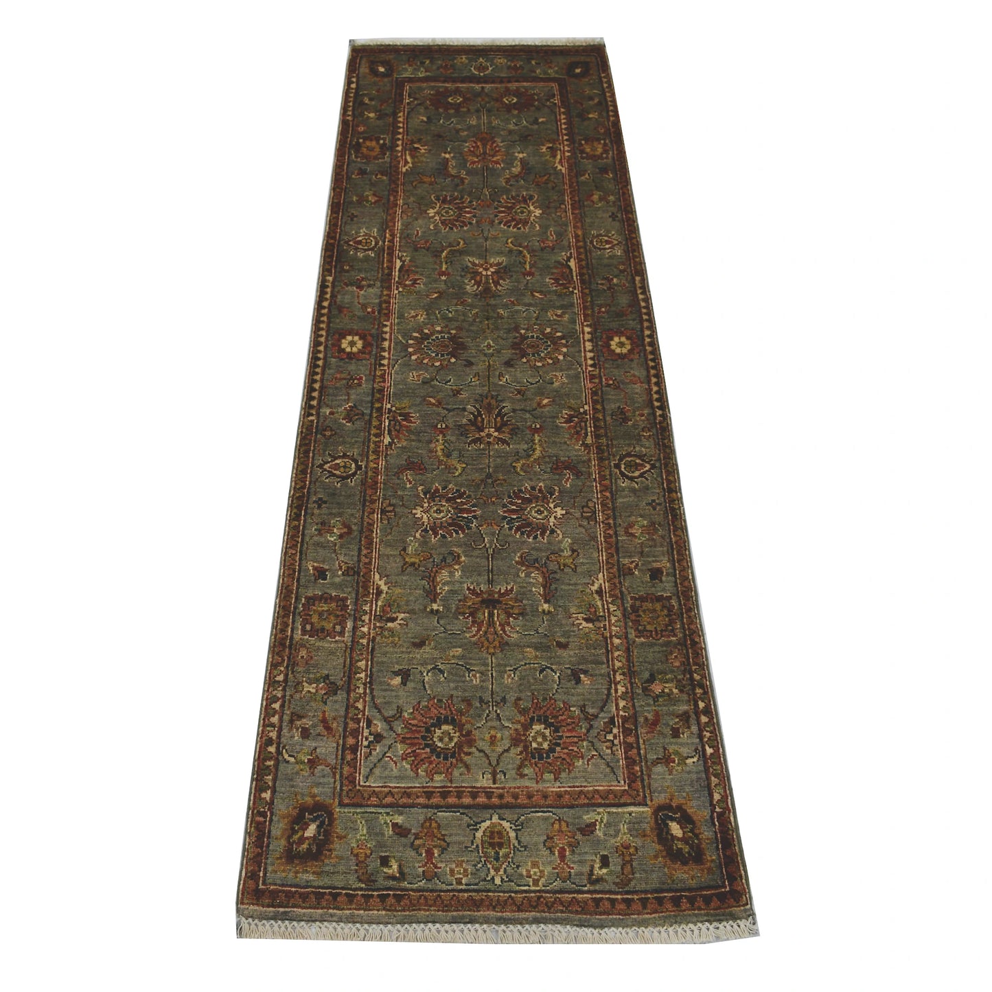 Full view of Afghan Sultani hand-knotted wool runner rug with muted sage field, floral motifs and detailed border, 214 x 74 cm