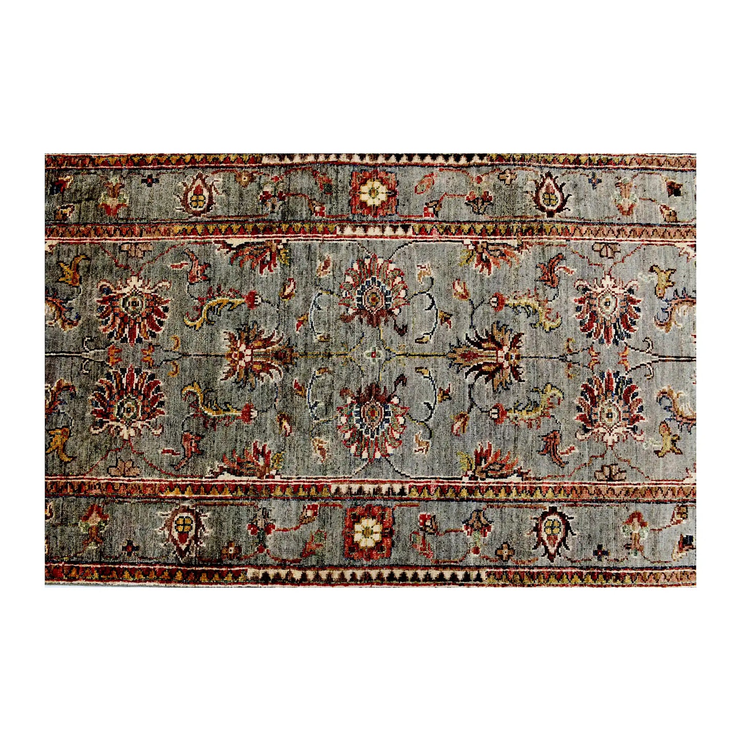 Length field detail of Afghan Sultani wool runner rug showing muted sage ground, floral vine pattern and border detail