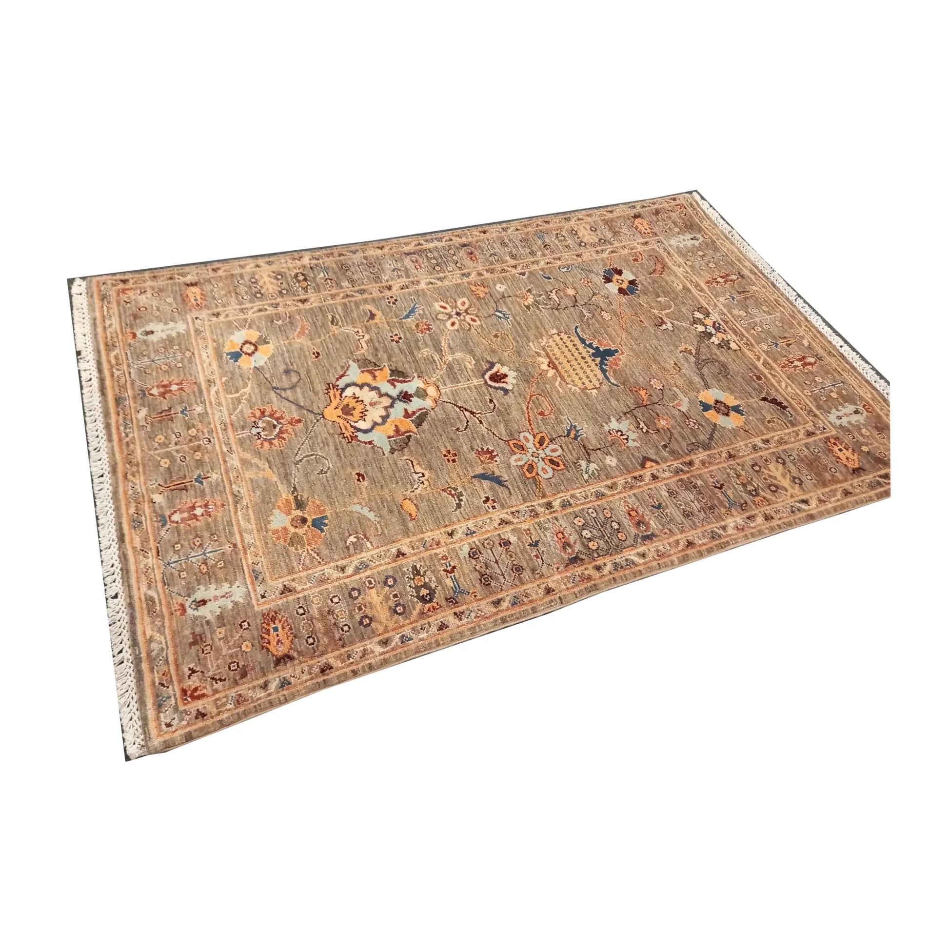 Floor view of Afghan Sultani wool rug showing botanical motifs and warm tones, 157 x 101 cm