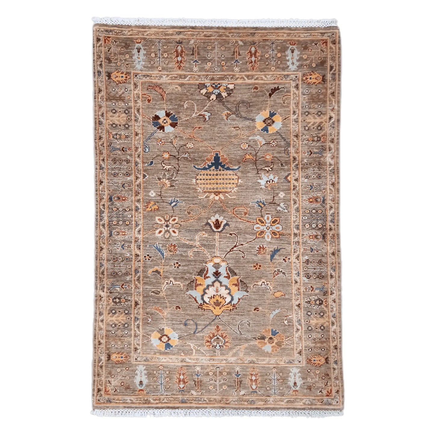 Full view of Afghan Sultani wool rug with bronze-brown field and floral motifs, 157 x 101 cm