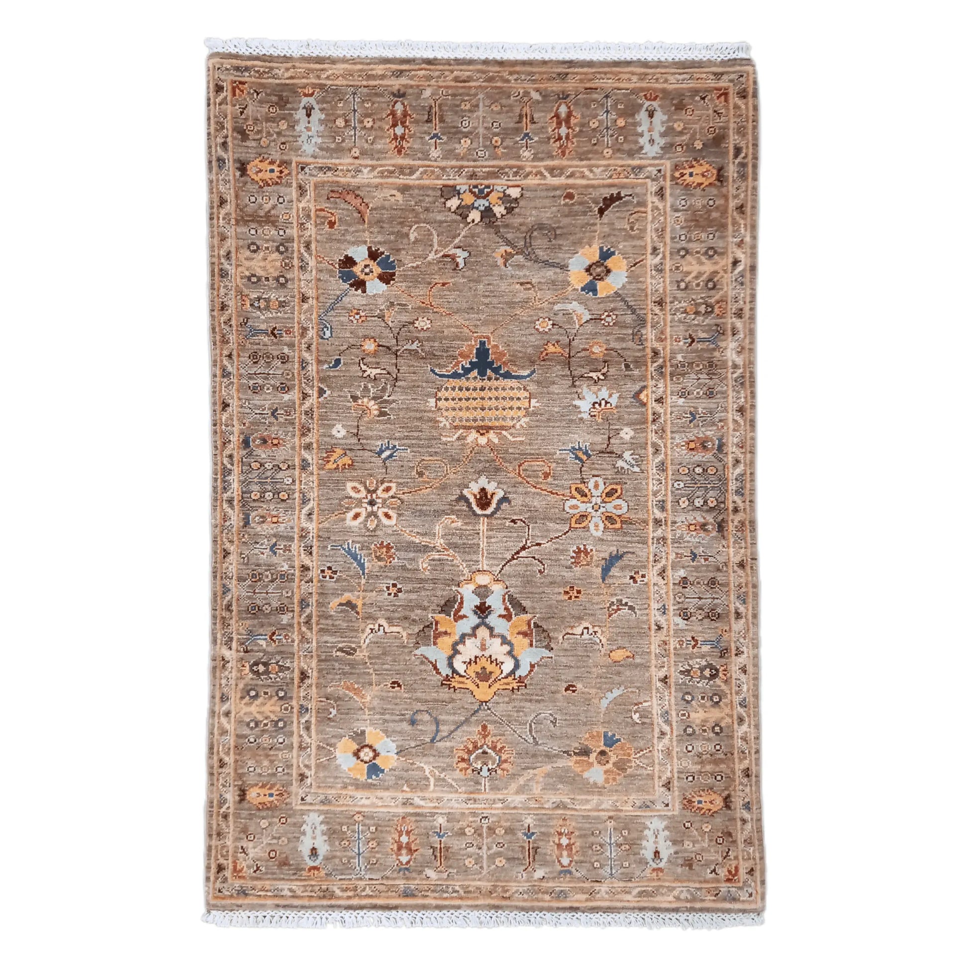 Full view of Afghan Sultani wool rug with bronze-brown field and floral motifs, 157 x 101 cm