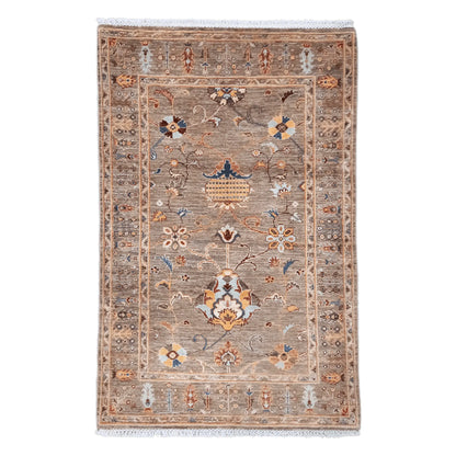 Full view of Afghan Sultani wool rug with bronze-brown field and floral motifs, 157 x 101 cm