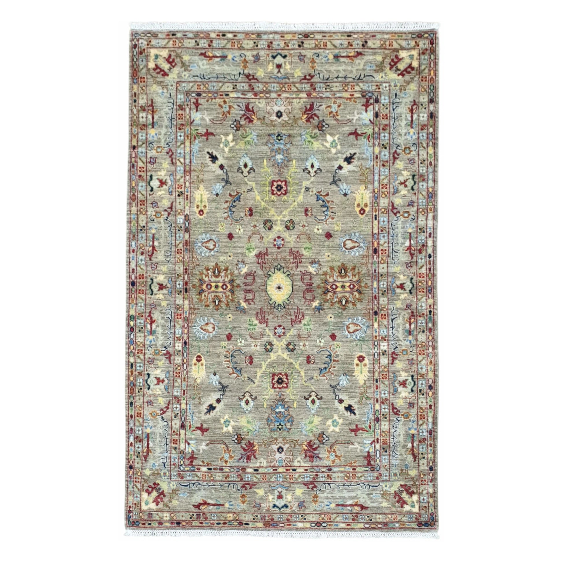 Full view of Afghan Sultani wool rug with soft grey field and floral-geometric motifs, 185 x 119 cm