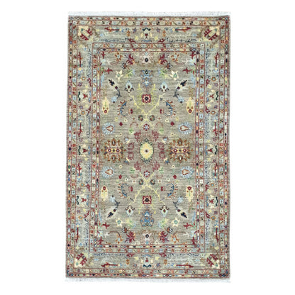 Full view of Afghan Sultani wool rug with soft grey field and floral-geometric motifs, 185 x 119 cm