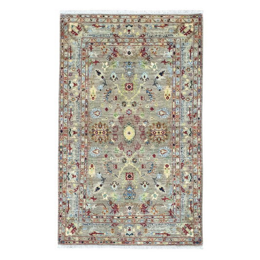 Full view of Afghan Sultani wool rug with soft grey field and floral-geometric motifs, 185 x 119 cm