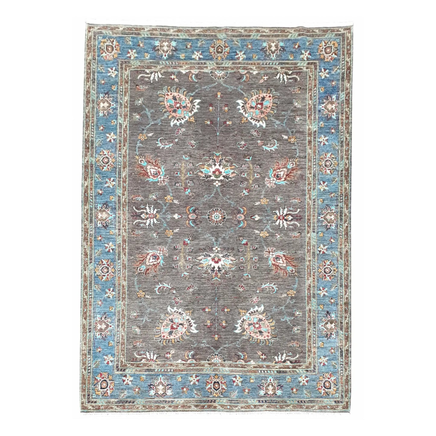 Afghan Sultani hand-knotted wool rug 241 x 170 cm full view with blue border and dark brown floral field