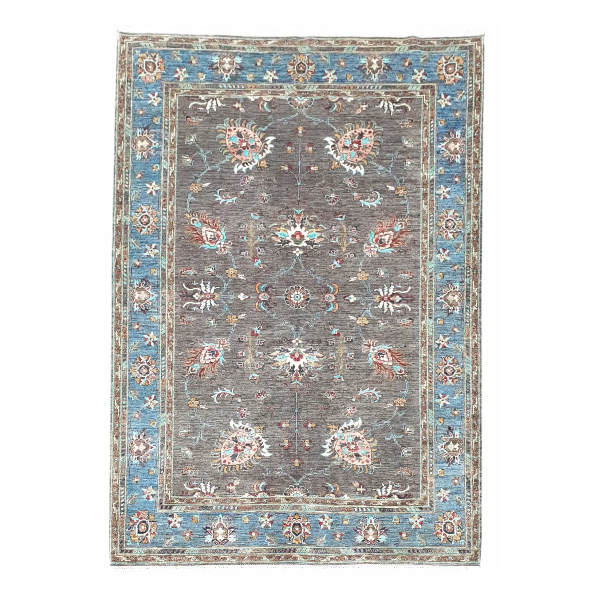 Afghan Sultani hand-knotted wool rug 241 x 170 cm full view with blue border and dark brown floral field