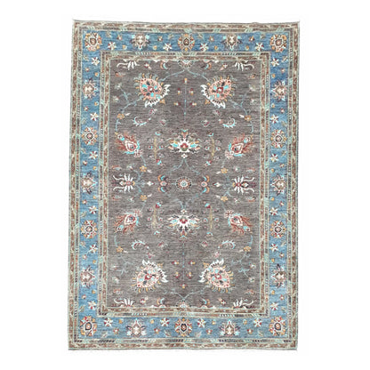 Afghan Sultani hand-knotted wool rug 241 x 170 cm full view with blue border and dark brown floral field