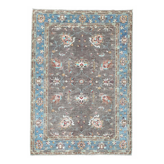 Afghan Sultani hand-knotted wool rug 241 x 170 cm full view with blue border and dark brown floral field