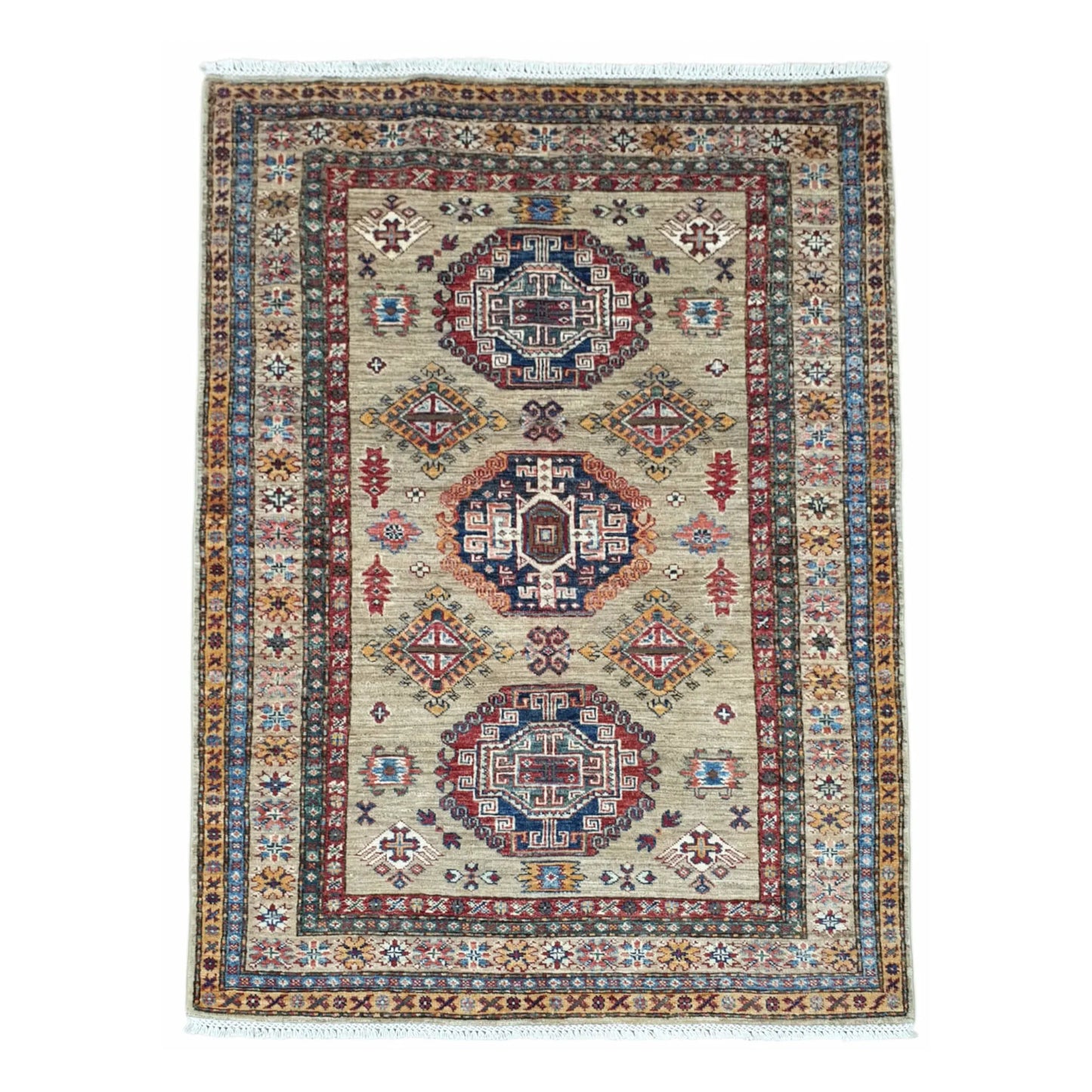 Afghan Super Kazak hand-knotted wool rug 179 x 123 cm full view with beige field, blue border and red medallions