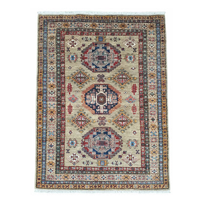 Afghan Super Kazak hand-knotted wool rug 179 x 123 cm full view with beige field, blue border and red medallions