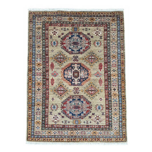 Afghan Super Kazak hand-knotted wool rug 179 x 123 cm full view with beige field, blue border and red medallions