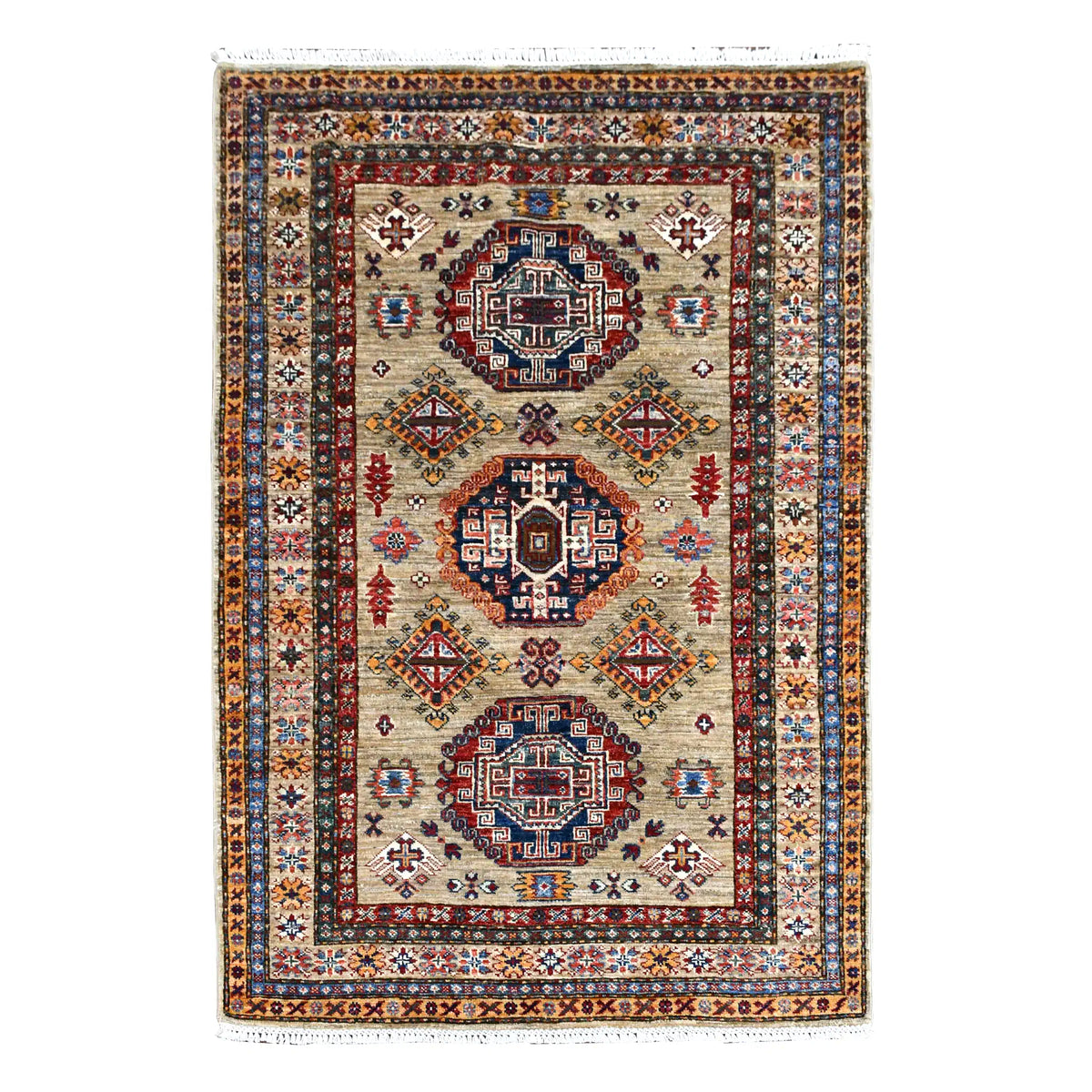 Full view of Afghan Super Kazak wool rug with beige field, three geometric medallions and layered borders, 179 x 123 cm